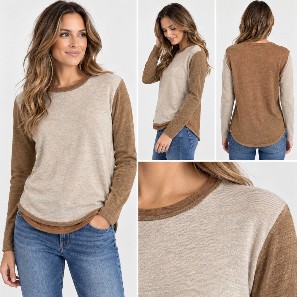 Smartwool Women XS Almond Heather Merino Wool Colorblock Crew Sweater NWT